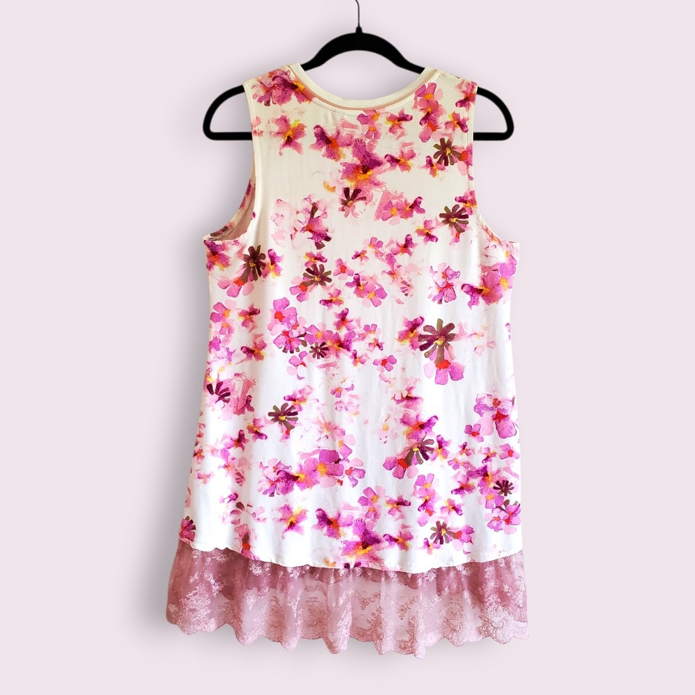 Logo Lounge Women's‎ Floral Tank Top Tunic White Pink Lace Trim Sleeveless - Picture 2 of 4